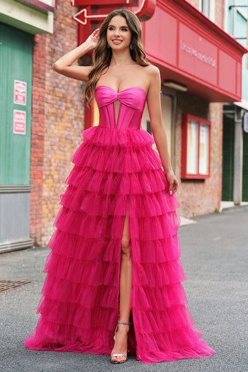 Fuchsia Princess Strapless Cut Out Tiered Tulle Long Formal Dresses